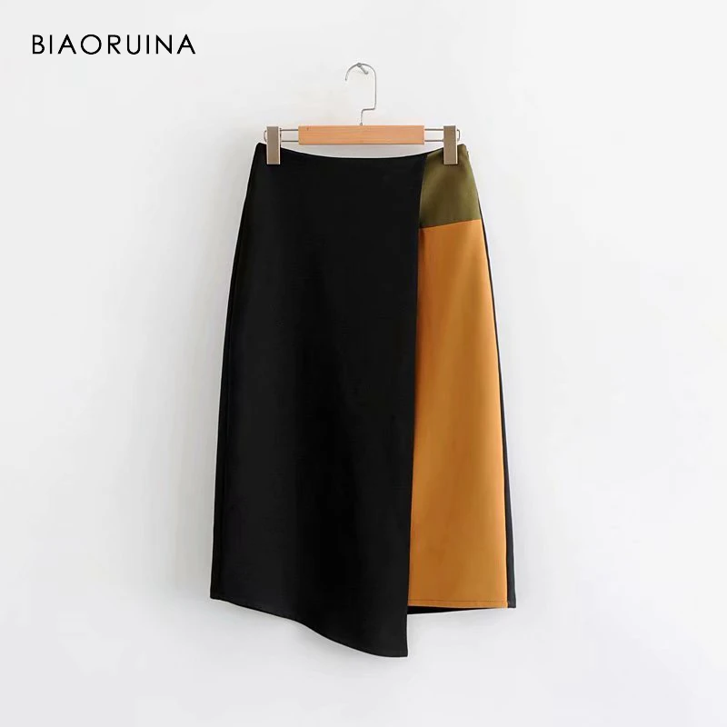 

BIAORUINA Women Chic High Waist Patchwork Contrast Colors Skirt Side Zipper Office Lady Style Asymmetrical Skirt Casual Skirts
