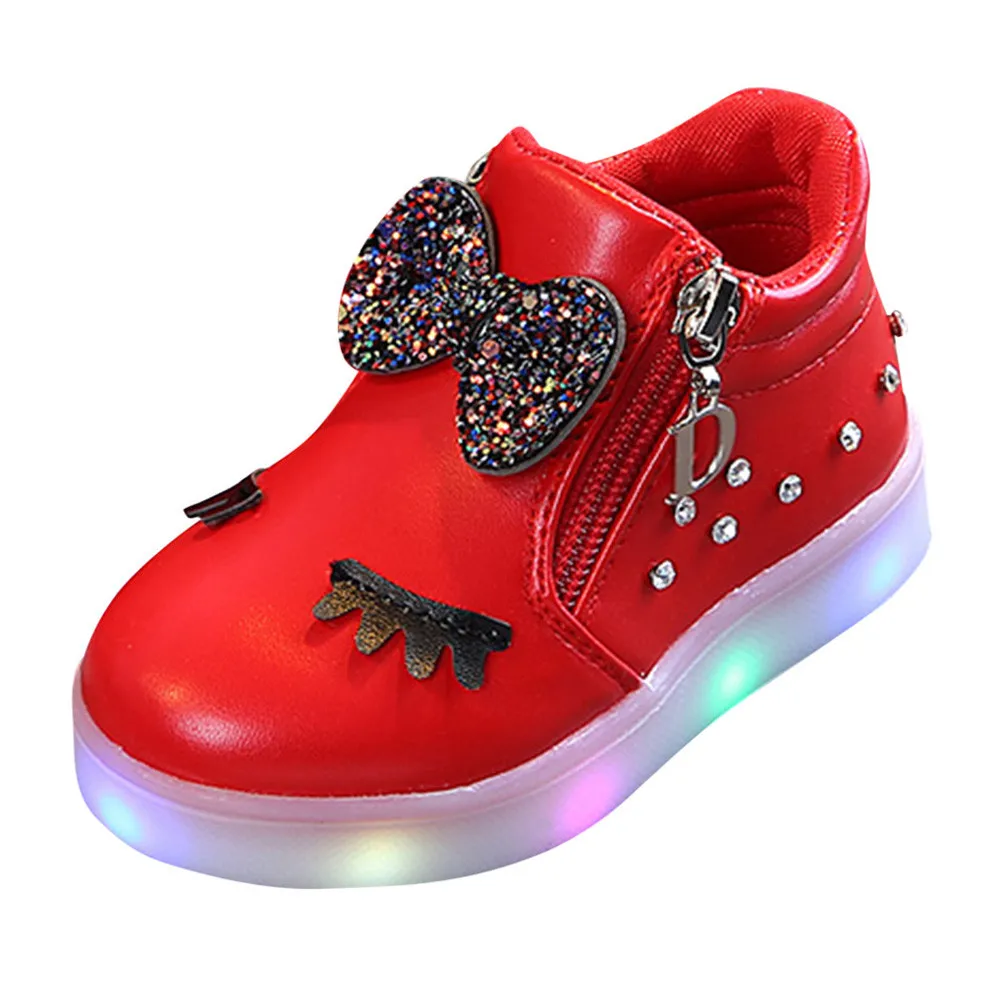 TELOTUNY, новинка, Детская светящаяся обувь, для малышей, для девочек, со стразами, с бантом, мигающий свет, модный светодиодный, кроссовки#40