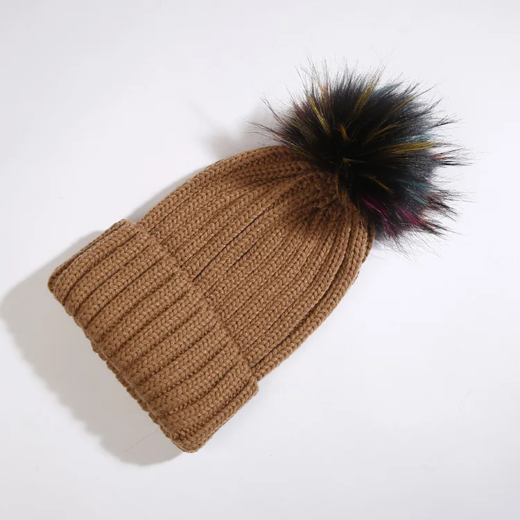 Дамская осенне-зимняя шапка из искусственного меха с помпоном, женская теплая шерстяная вязаная шапочка для девочки, мальчика, шапки с помпонами для женщин и детей