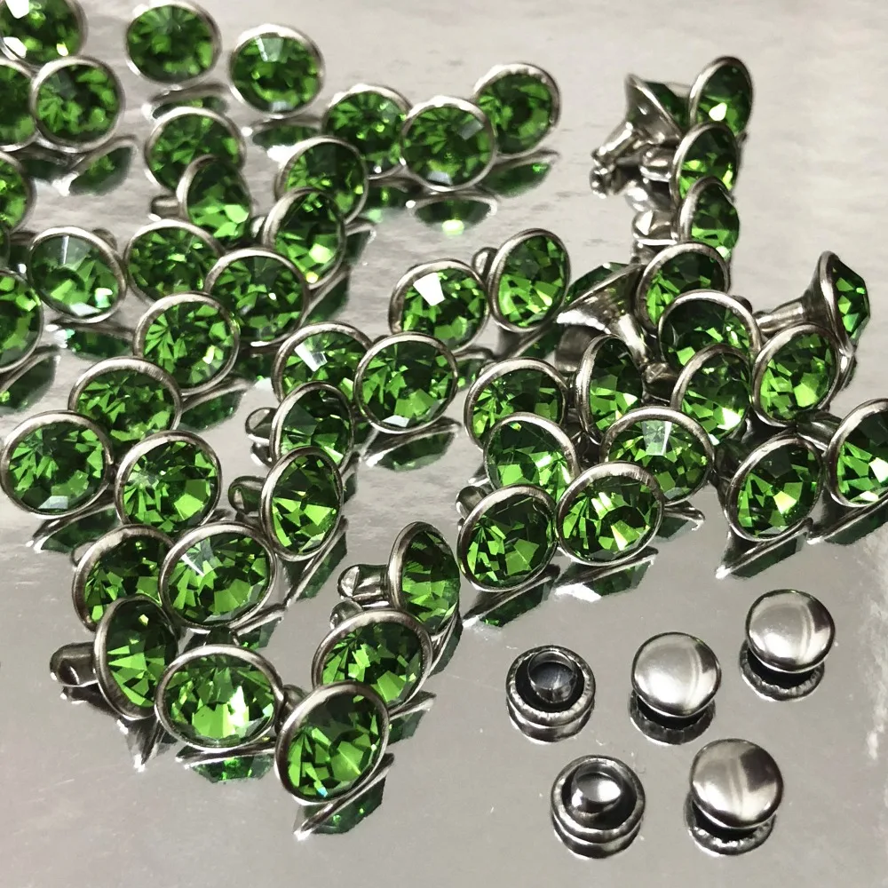 New 8MM 50 Sets CZ++ Peridot Green Crystal Rivets Silver Plated Spots Studs Double Cap for DIY Leather-Craft Making | Дом и сад