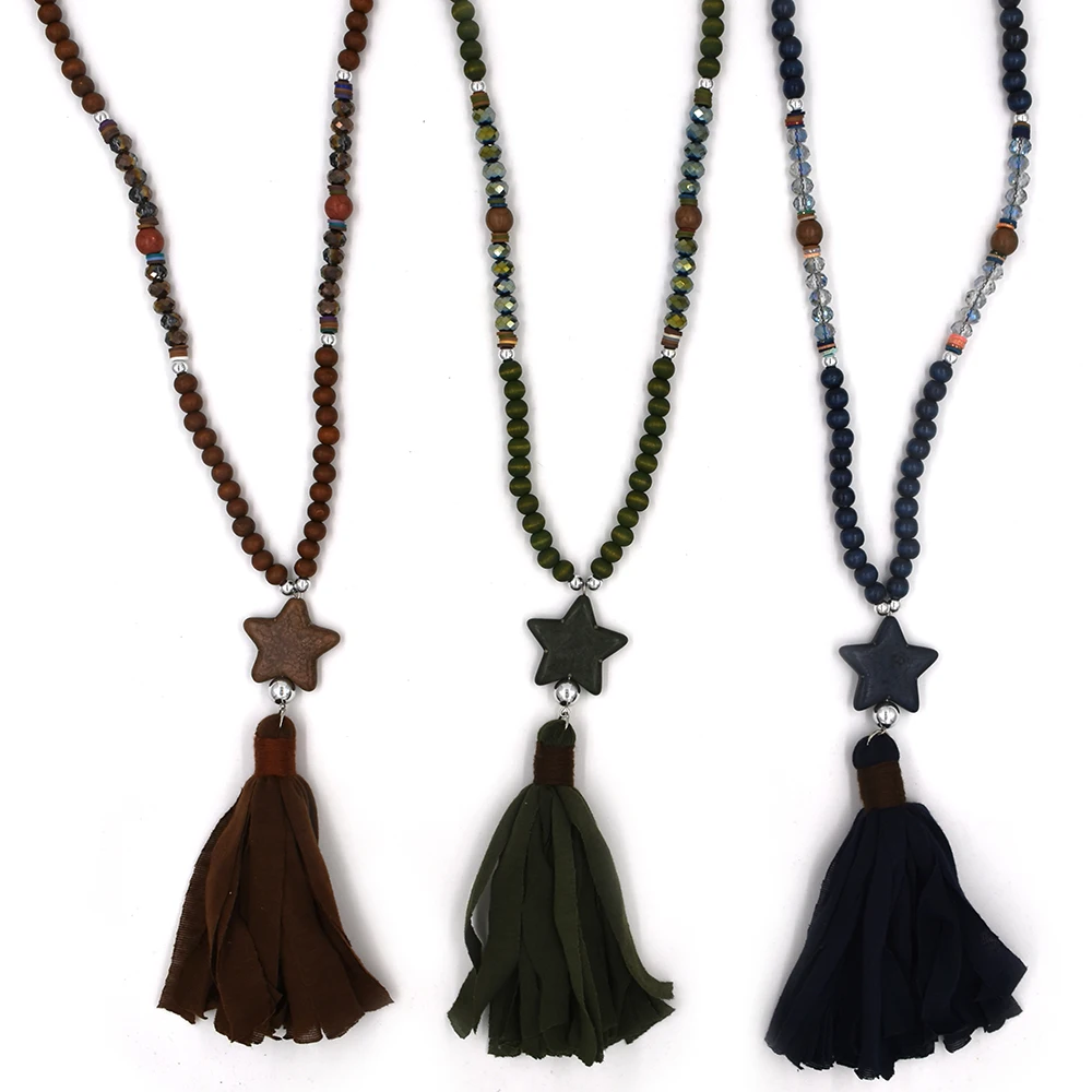 New cotto Tassel five stars pentagon pendents Ethnic necklace boho Bohemiam long fringe statement wooden beads Chain Necklaces
