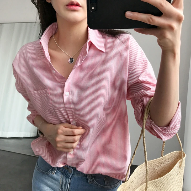 Najtaniej Blusas Mujer De Moda 2018 Jesień Topy Bluzka W Paski Przycisk Pani Urząd Kieszenie Turn d oacute;ł Collar Koszule Damskie R oacute;żowy Chemise Femme