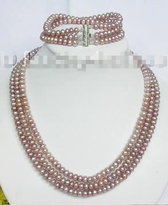 

Hot selling free shipping***** Genuine 3row lavender pearls necklace bracelet set 925s