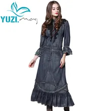 Женское платье Yuzi. may Boho новые осенние джинсовые платья со стоячим воротником Длинные элегантные кружевные лоскутные платья Vestidos Femininos A82112