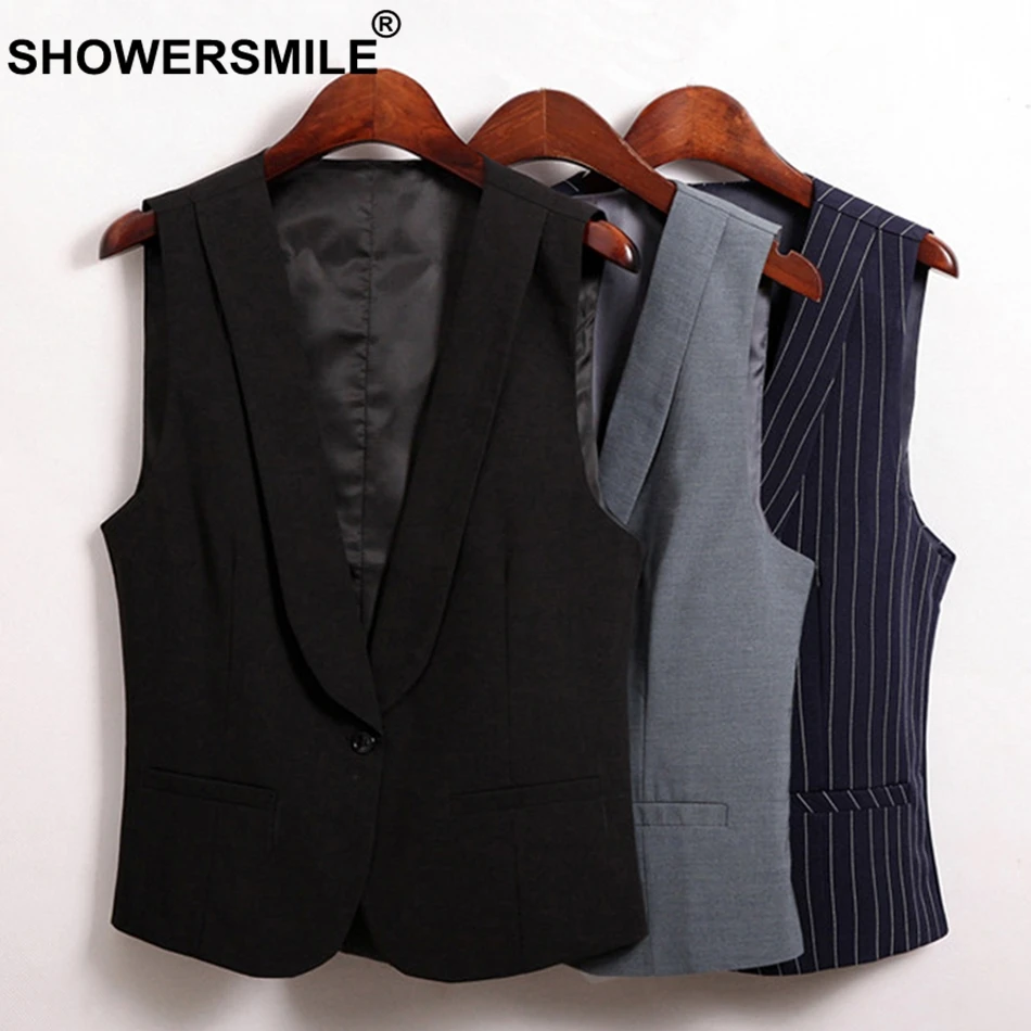 SHOWERSMILE Grey Vest Women Short Fashion Gilet Female V Neck Office Uniform Solid Thin Ladies Spring Summer Sleeveless Jackets