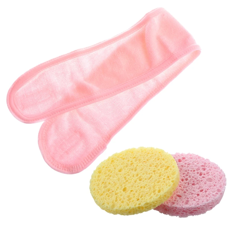 

Spa Bath Shower Make Up Wash Face Cosmetic Headband Hair Band Pink & 2 x Sponge Puff Round Makeup Removal Cleansing Face Mask