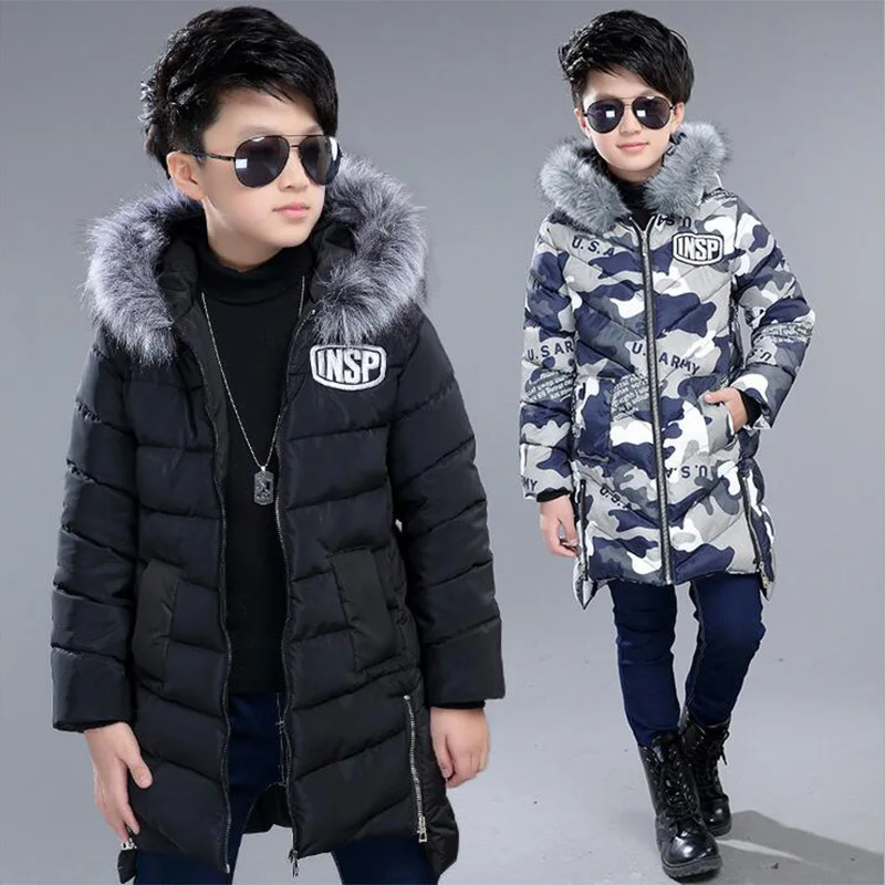 

Winter Clothes Boys' Jackets Thick Hooded Fur Collar Down Jacket Cotton Camouflage Children Warm Coat