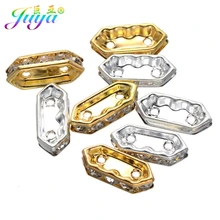 Juya-Lote de 50 unidades de cuentas separadoras de Metal con forma de rombo de dos agujeros, con diamantes de imitación de circonia cúbica, para fabricación de joyas hechas a mano