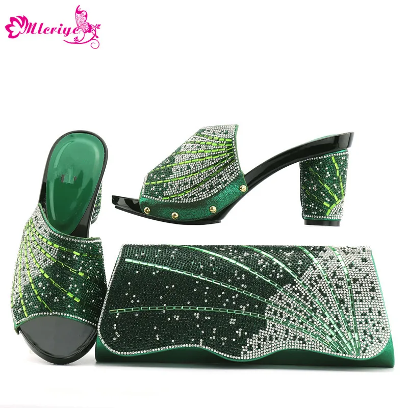 

Green Matching Shoes and Bag Set In Heels Italian Ladies Shoes and Bag Set Decorated with Rhinestone Nigerian Shoes and Bag