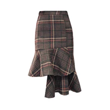 Зимние Для женщин плед шерстяной юбке Высокая Талия Asymmetrical Bodycon юбка-карандаш осень Винтаж женские до колена Длина юбка