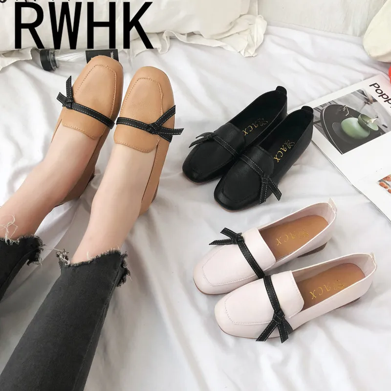 

RWHK 2019 spring new bow square head flat bottom flat mouth shoes soft bottom comfortable women's shoes B074
