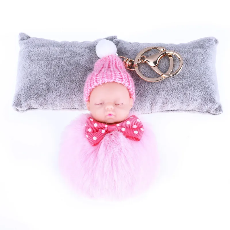

New Cute Sleeping Baby Key Chain Fluffy Rabbit Fur Pompom Women Bunny Fur Pompon Doll Keychain Car Keyring Toy New Year Gift