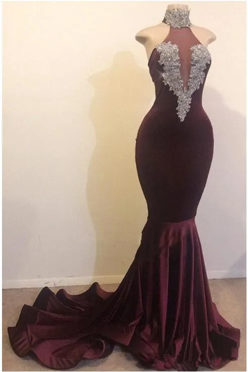 

Real Sample Elegant Halter Plum Mermaid Prom Dresses 2019 Sleeveless Beading Crystal Velvet Evening Gown Vestidos De Festa