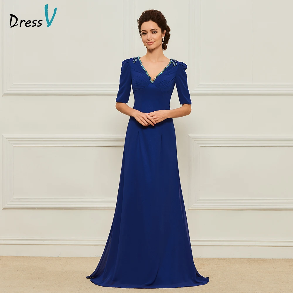 Dressv темно-Королевское синее длинное платье для матери невесты с v-образным вырезом в пол официальное с короткими рукавами с бисером вечерние платье для матери невесты