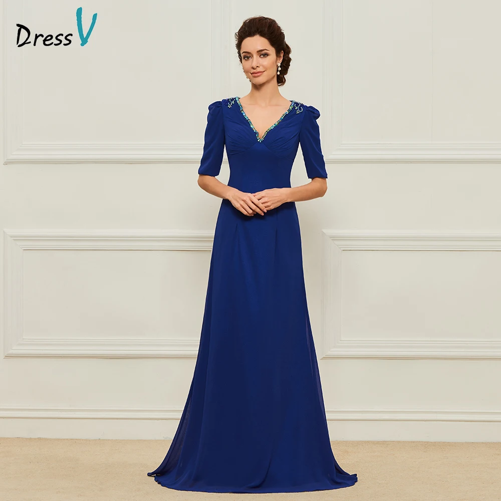 Hot Product  Dressv dark royal blue long mother of the bride v neck floor length half sleeves formal beading par