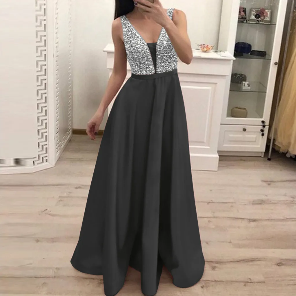 

Feitong Long Dress Women Vintage Sequin Dresses Sleeveless V-neck Vestidos Long Evening Party Dress Spring Summer Clothes Tops