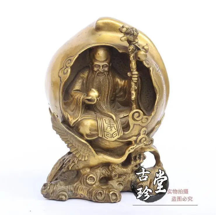 

Chinese Fengshui Copper Longevity God Star Red-crowned Crane Fu Peach Statue