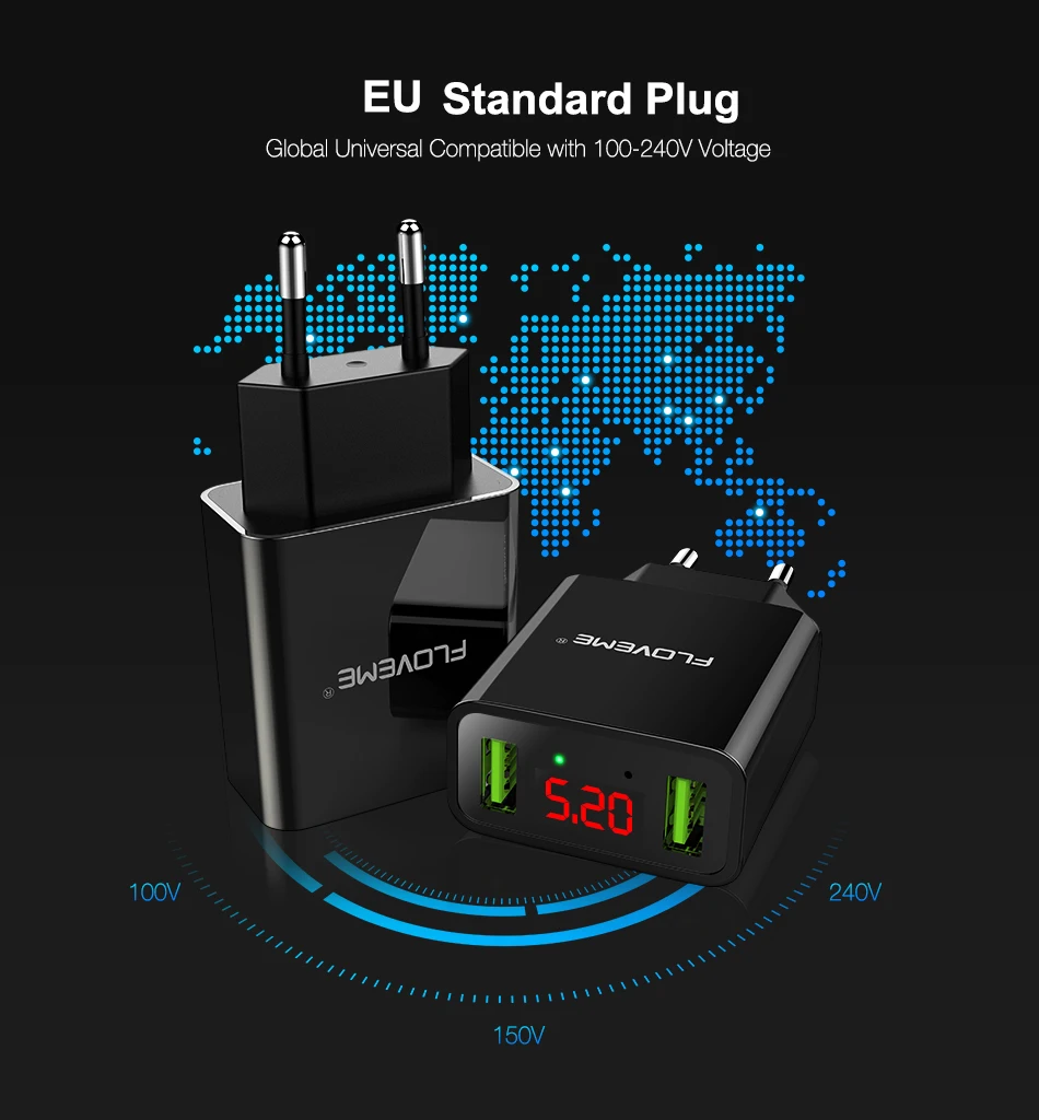 FLOVEME USB Зарядное устройство 2 Порты светодио дный Дисплей смарт-мобильный телефон Зарядное устройство для iPhone Xiaomi Tablet стены Travel ЕС Plug зарядка зарядное устройство для телефона зарядка для телефона