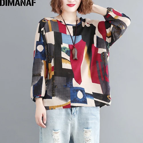 DIMANAF Plus Size Women T-Shirts Cotton Loose Casual Lady Tops Tunic Long Sleeve Tees Shirts Print Patchwork Female Clothes - Цвет: fashion96276CN