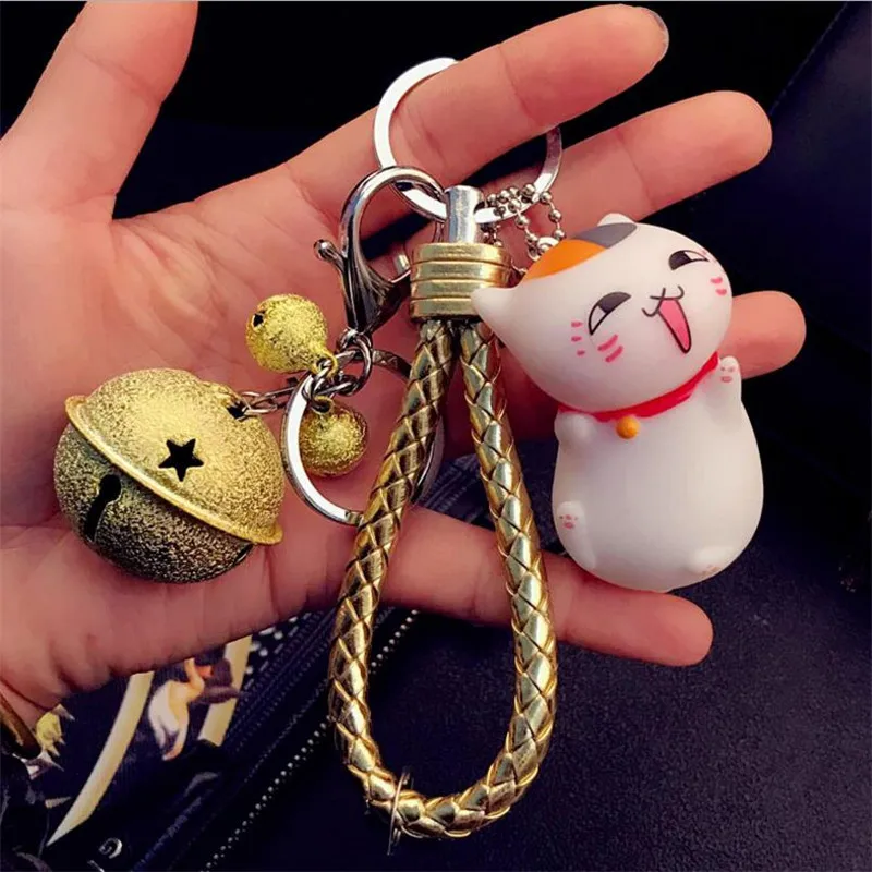 Moda dibujos animados gatos de la suerte llaveros niños mujeres gatito campanas de cuero Portachiavi llaveros Chaveiro llavero ricos encantos regalo