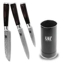 XYJ Brand High Carbon Stainless Steel Knife 3.5, 5, 5 Inch Fruit Utility Santoku Kitchen Knives Laser Veins Knife+ Knife Holder