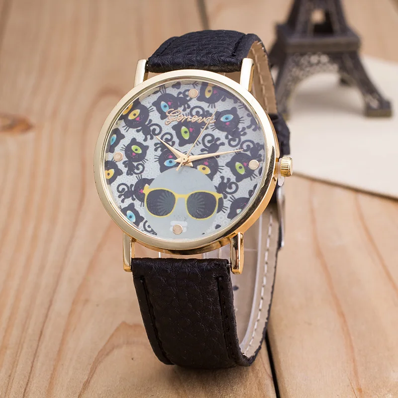 

Luxury Gold Geneva Stylish Eyes Cat Women's Watch Geneva Pu Leather Analog Quartz Dress Watches Clock Black White Red