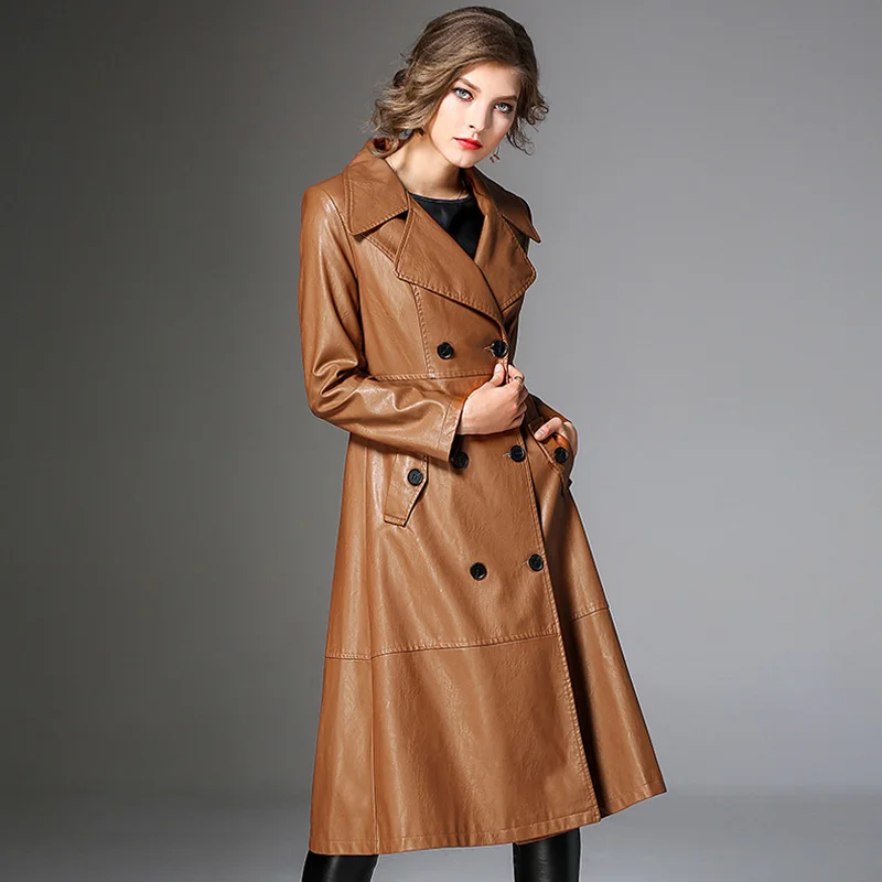 Double vert camel 2017 Lady Hiver Manteau Noir Longue Femelle Femmes Survêtement Cuir Vestes Style Faux Punk Veste Biker Frais Boutonnage Pu Nouveau 1fnB81xS