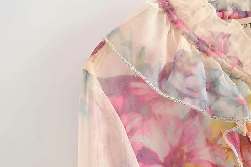 Летний темперамент праздник ветер тропический цветок печати галстук талии тонкий женский комбинезон тюль тропический пляж