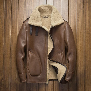Мужская куртка из натуральной кожи, короткая куртка-бомбер из овчины, мотоциклетная куртка для мужчин, шерстяная подкладка, коричневый цвет, 4xl - Цвет: Коричневый