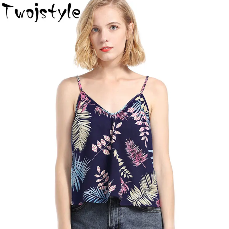 Towjstyle Лето Печать Гофрированные Топы Для женщин 2018 без рукавов с v образным