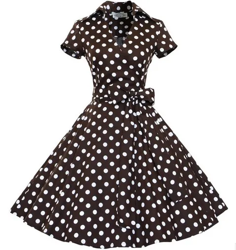 Женское винтажное платье с отложным воротником, в горошек, с v-образным вырезом, OL, тонкое сексуальное платье, 50 s, Одри Хепберн, красное, черное, свободное платье, Vestidos - Цвет: Dot Coffee