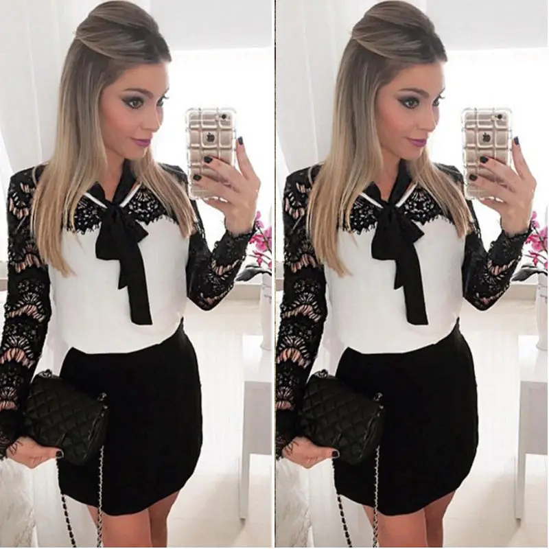 

Women Dress Little Mistress High Waist Long Sleeve Tight White Black Lace Patchwork OL Style Mini Dress