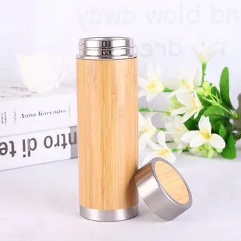 

10pcs 450ML Bamboo Water Bottle Vacuum Insulated Coffee Travel Vacuum Cup With Tea Infuser Strainer Wooden Bottle