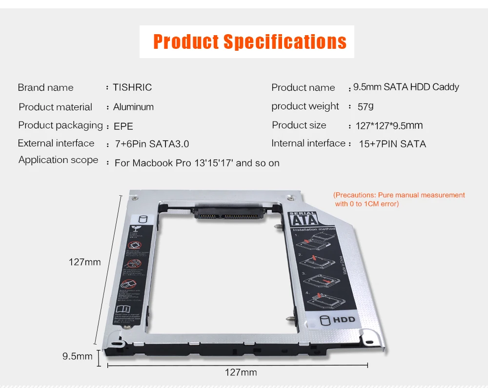 TISHRIC 2018 новый для Macbook Pro 13 "15" 17 "SuperDrive Оптический Bay Алюминий 2nd HDD Caddy 9,5 мм SATA3.0 корпус Optibay