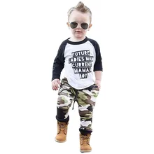 Осенняя одежда для новорожденных; одежда для маленьких мальчиков и девочек; футболка с надписью; Топы+ камуфляжные штаны; комплект одежды; roupa infantil