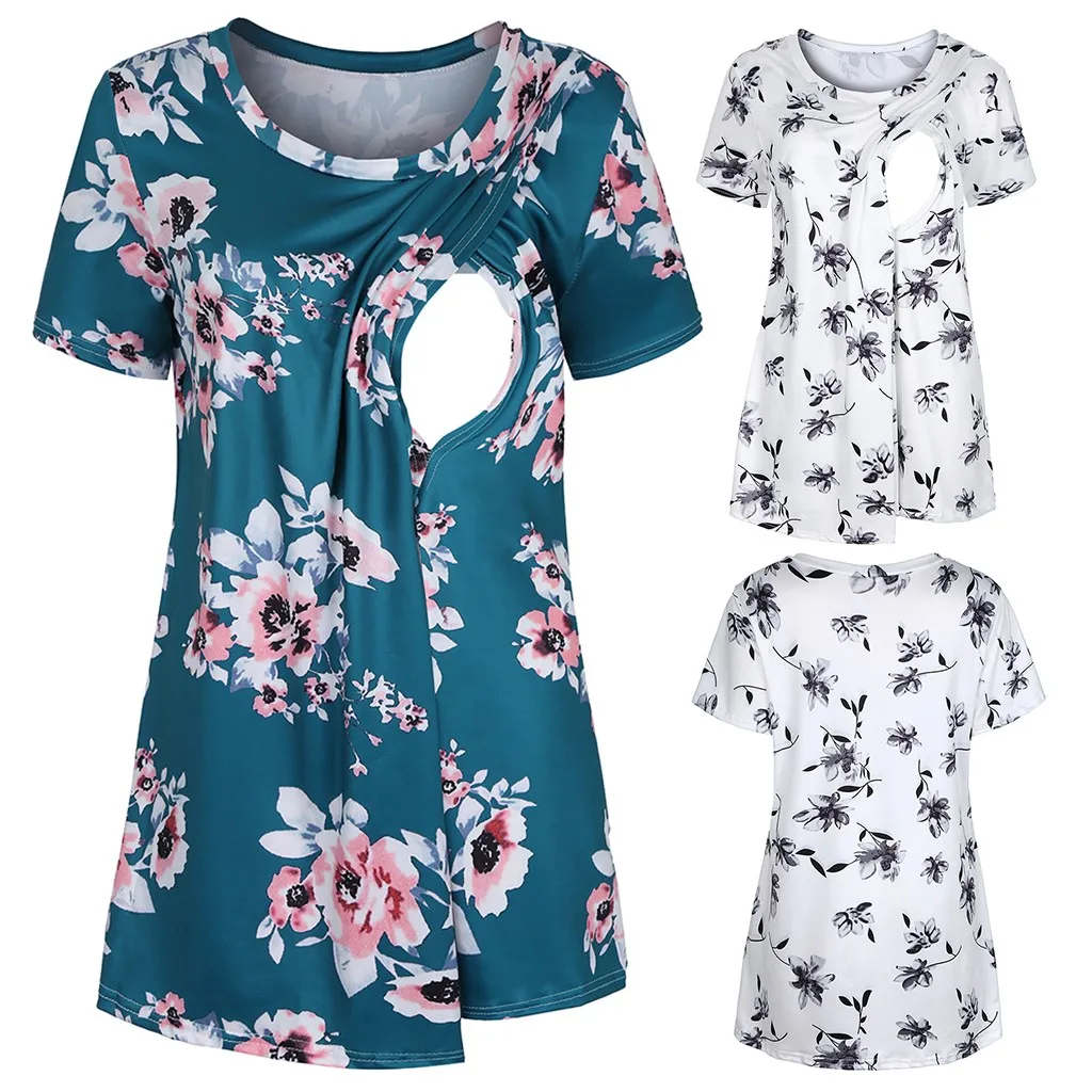 Женская одежда для беременных с цветочным принтом; одежда для кормления грудью; футболка с короткими рукавами и круглым вырезом; Футболка для беременных
