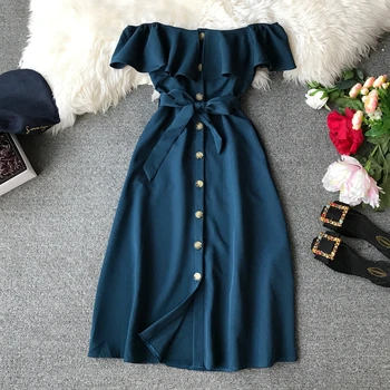 

Slash Neck Single Breasted Dress for Women New Summer Solid Color Slim Waist Knee-length Dress Ruffles Short Sleeve Dress