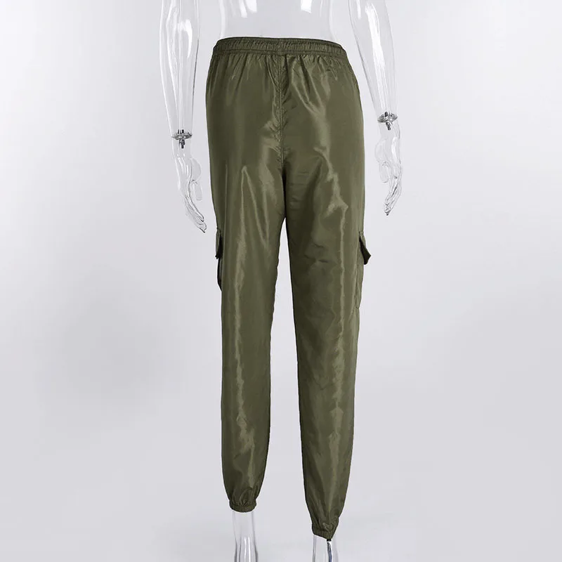 Женские эластичные однотонные брюки-карго с высокой талией, Весенняя уличная одежда, сатиновые спортивные брюки с карманами, штаны для бега Femme