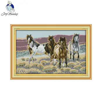 

Joy Sunday The four horses Cross-Stitching painting Needlework DIY Handmade Cross Stitch Set For Embroidery Kits Home Decoration
