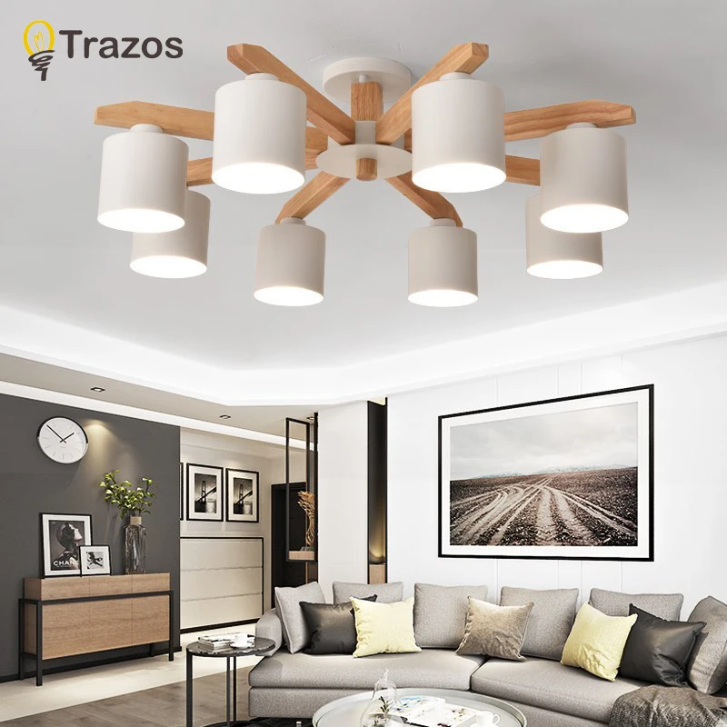 

Modern LED Chandelier E27 With Iron Lampshade Nordic Chandelier For Living Room Suspendsion Lighting Fixture Wooden lighting LED