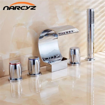 

New Style 5 pcs Bathtub Faucet Chrome waterfall spout Mixer Taps Chrome Brass Bathroom Shower Faucet with Handshower XR8217