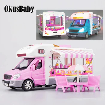 

Creative Music and LED Children Toy Car Fast Food Drink Truck Vacation pull-back Toy Vehicle Model Open Doors With mini Chairs
