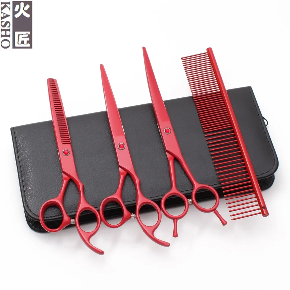 

H3102 U4Pcs Set 7" Kasho Hairdresser For Dog Comb+Cutting+Thinning+UP Curved Shears Professional Pets Scissors Clippers For Dogs
