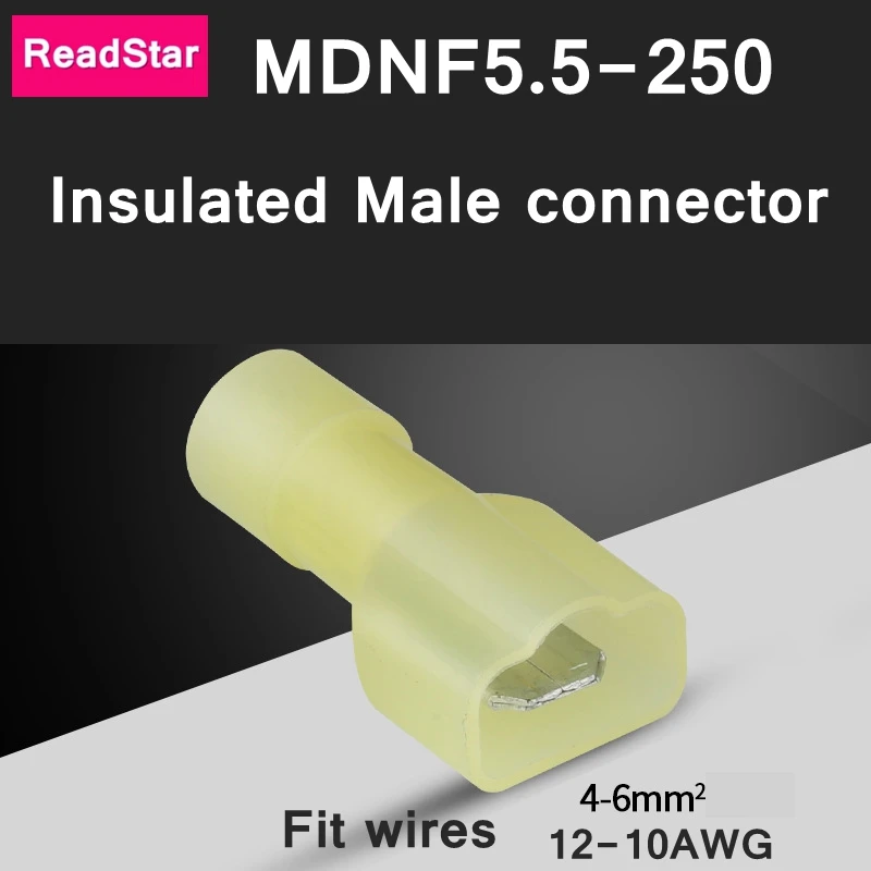 Readstar 50 шт./лот MDFN5.5-250 нейлон изоляцией разъем мужской 0.8x6.35 Терминалы желтый штекер Fit 4-6mm2 (12-10AWG) провода