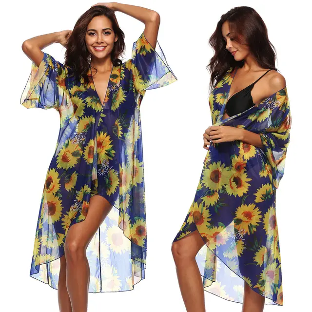 Floral Chiffon Pareo Cover Ups Women See Through Sunscreen Swimsuit