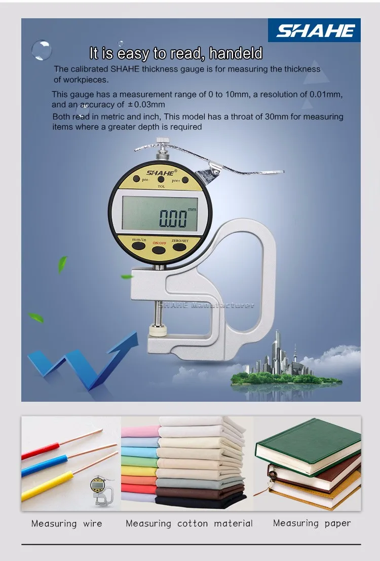 Shahe цифровой толщиномер 0-10 мм 0,01 мм Толщиномер кожи стекло Толщиномер измерительный инструмент