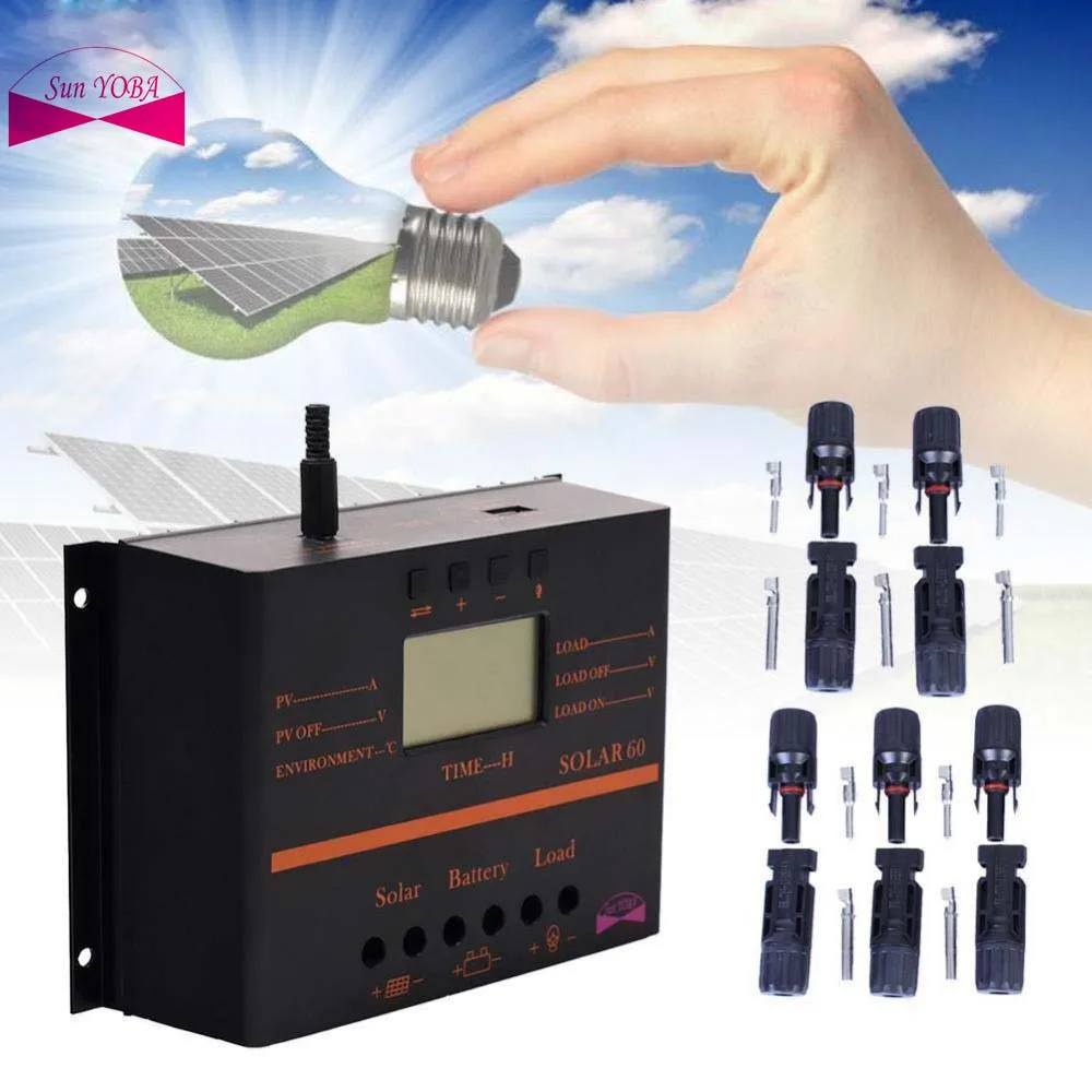 

PWM 60A Solar Charge Controller 12V 24V LCD Display USB 5V Solar Panel Charge Regulator + 5 Pairs MC4 M/F Solar Panel Cable