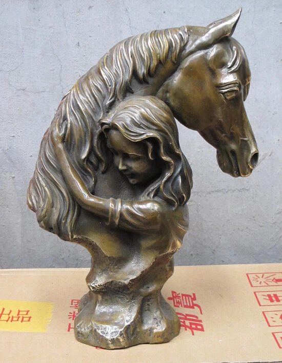 

12.5"Beautiful Pure Bronze ART sculpture Horse riders caress the horse head St
