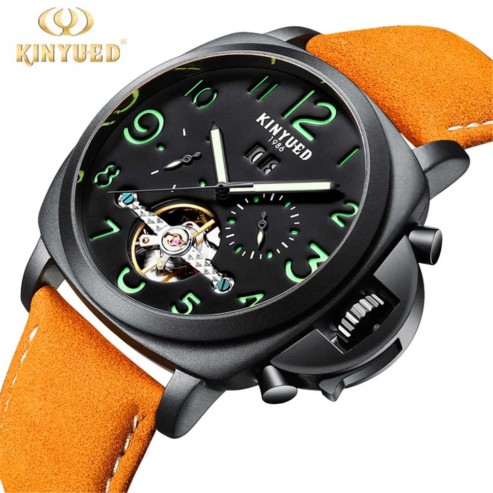 

KINYUED New 2018 Men Full-automatic Mechanical Watch Tourbillon Luxury Fashion Brand Genuine Leather Man Multifunctional Watches