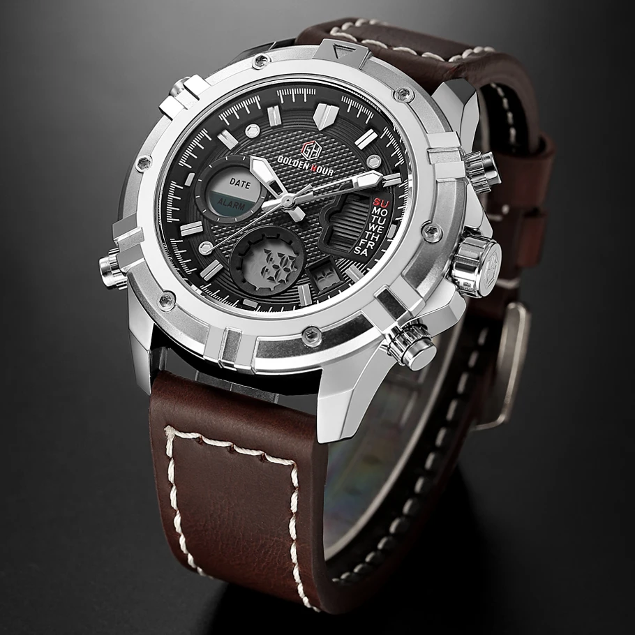 Goldenhour Mens Watches Top Brand Luxury Quartz Analog Digital Watch Men Leather Military Sport Wri-4